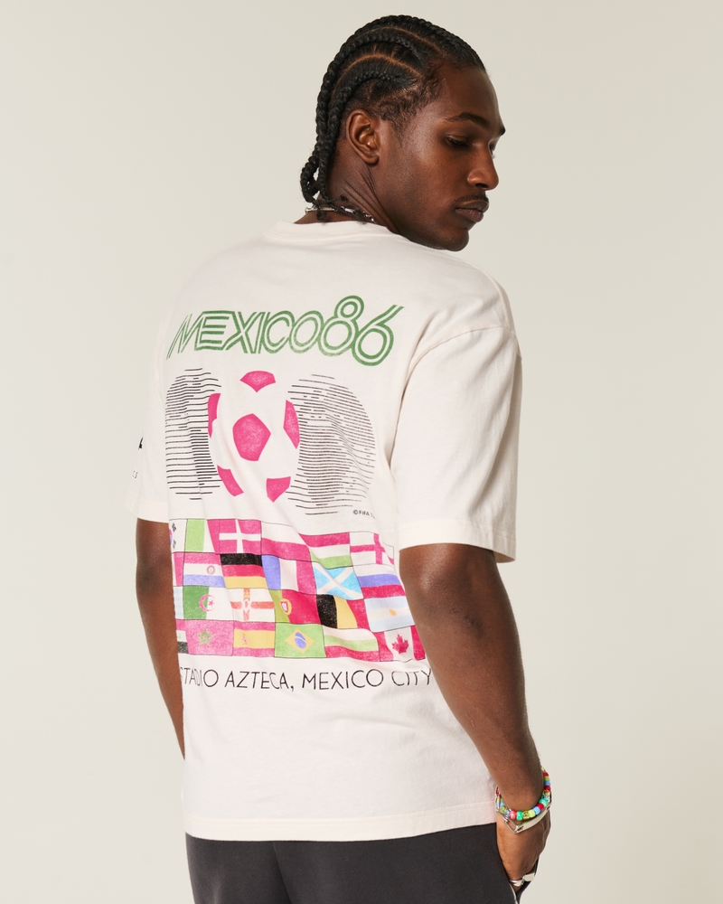 square t-shirt featuring the 1986 mexico world cup football match design.