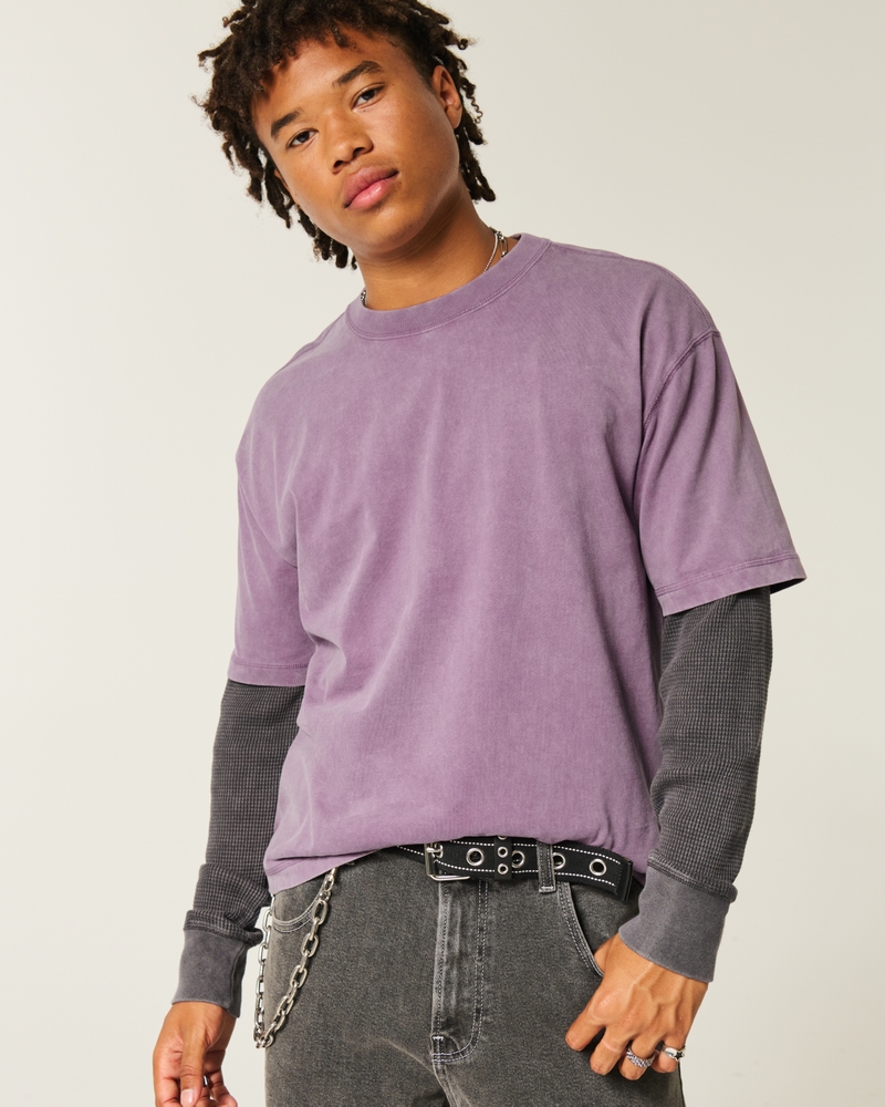 square-cut short-length heavy-duty washed crew neck t-shirt