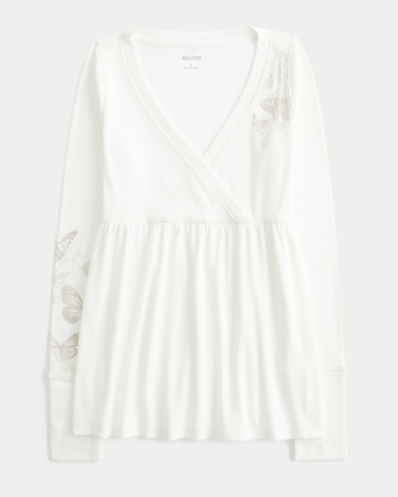 long-sleeved loose-fitting babydoll top with butterfly pattern