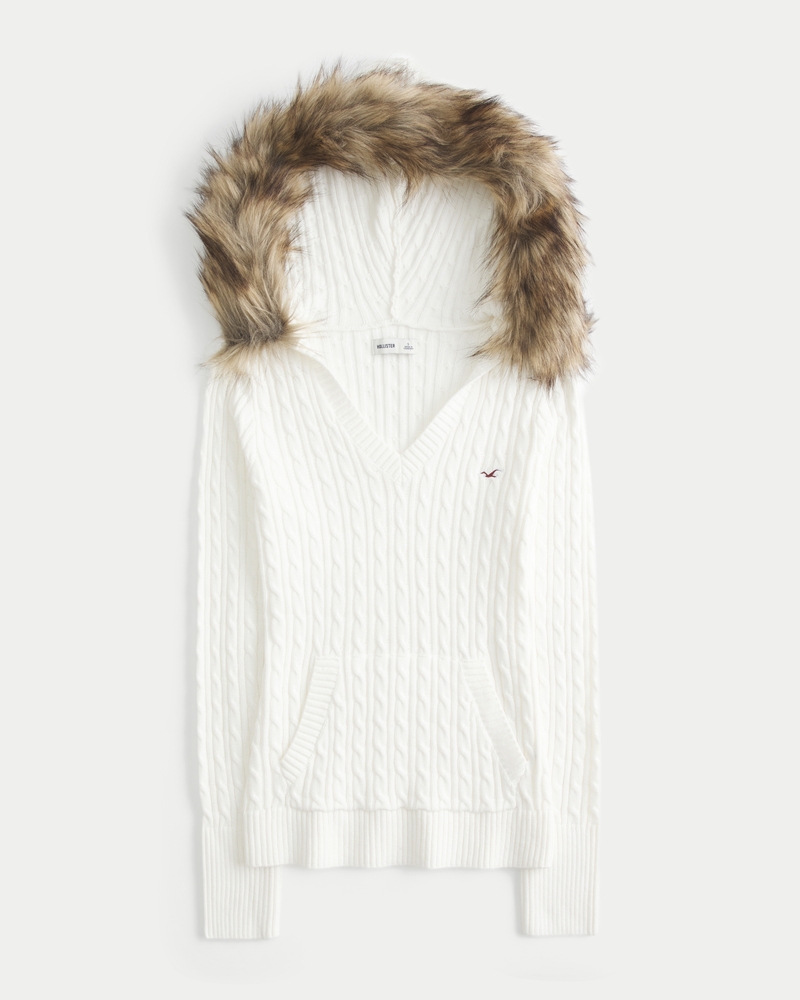 faux fur trim hooded cable knit sweater