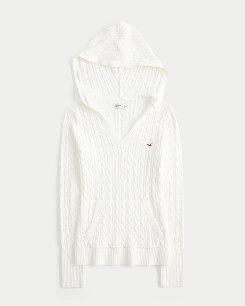 faux fur trim hooded cable knit sweater