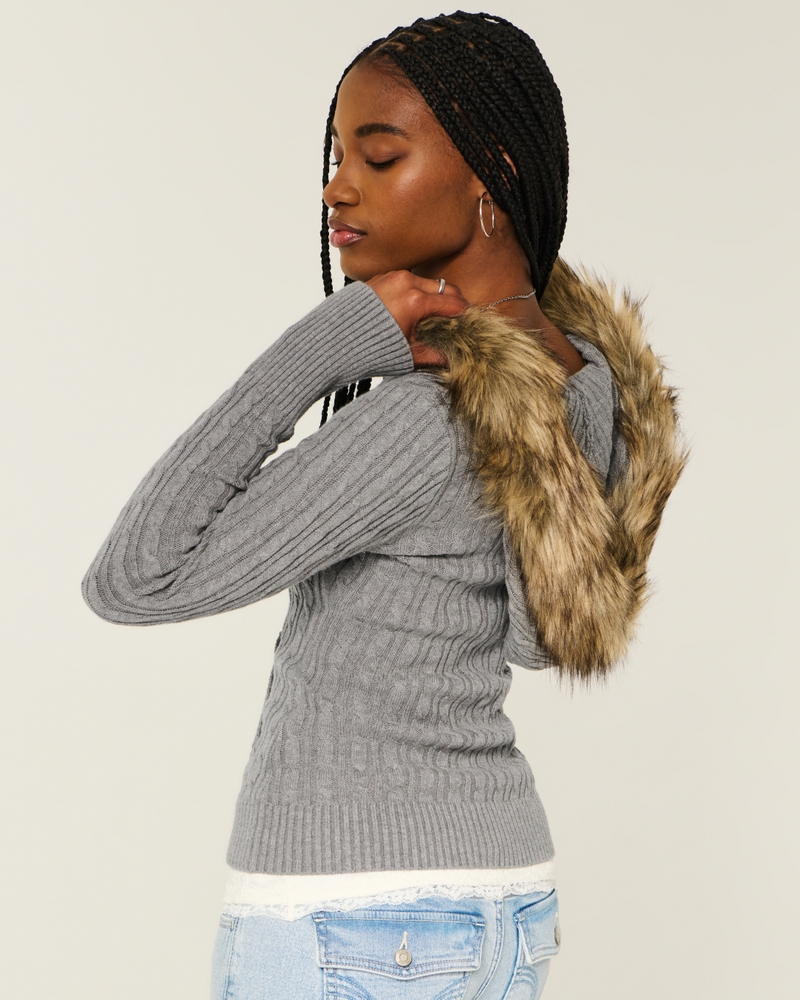 faux fur trim hooded cable knit sweater