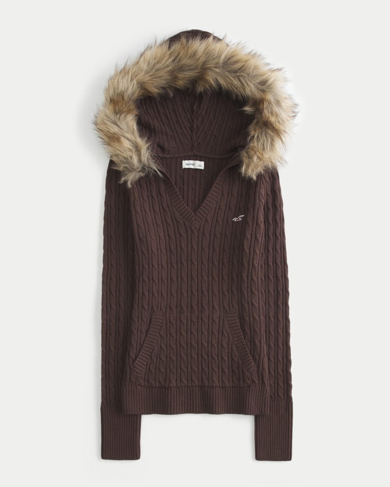 faux fur trim hooded cable knit sweater