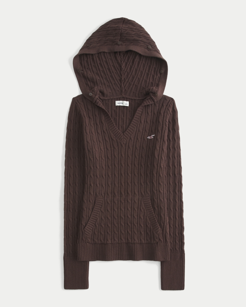 faux fur trim hooded cable knit sweater