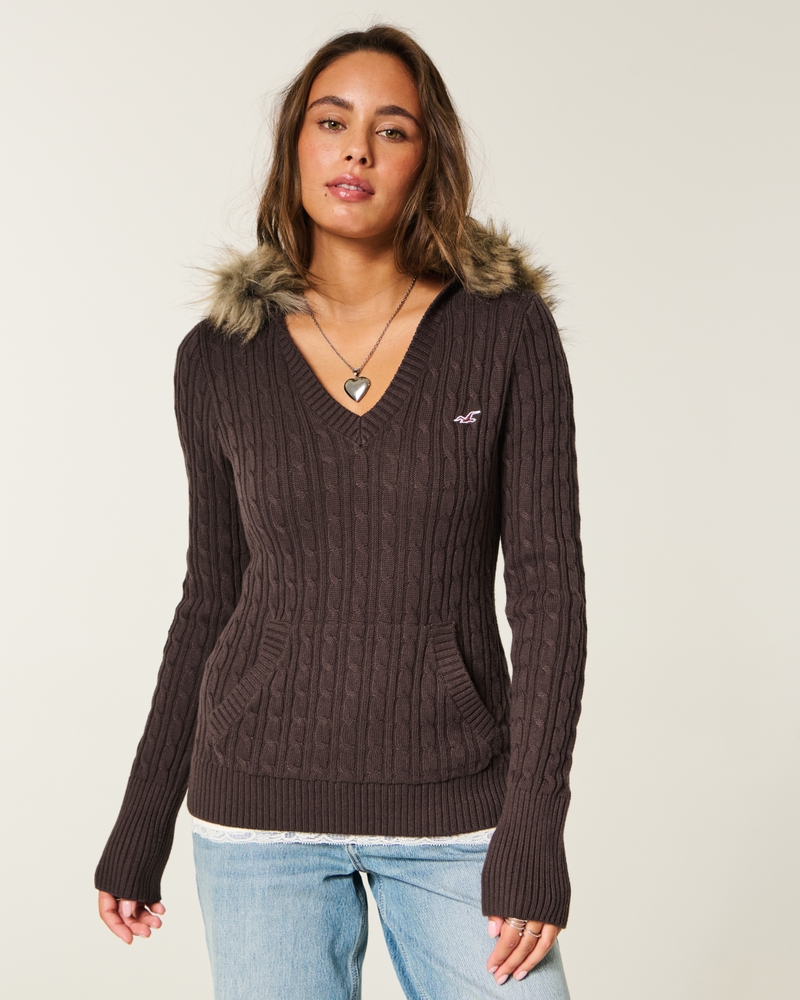 faux fur trim hooded cable knit sweater
