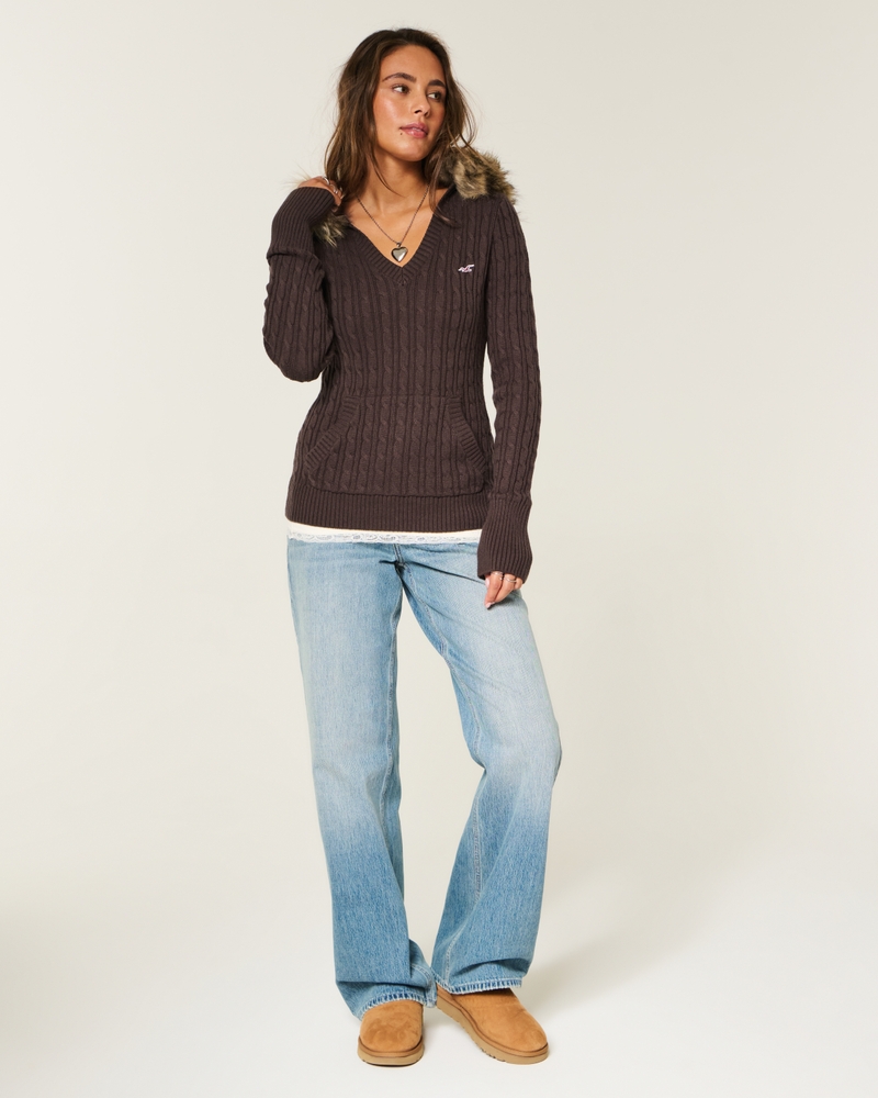 faux fur trim hooded cable knit sweater