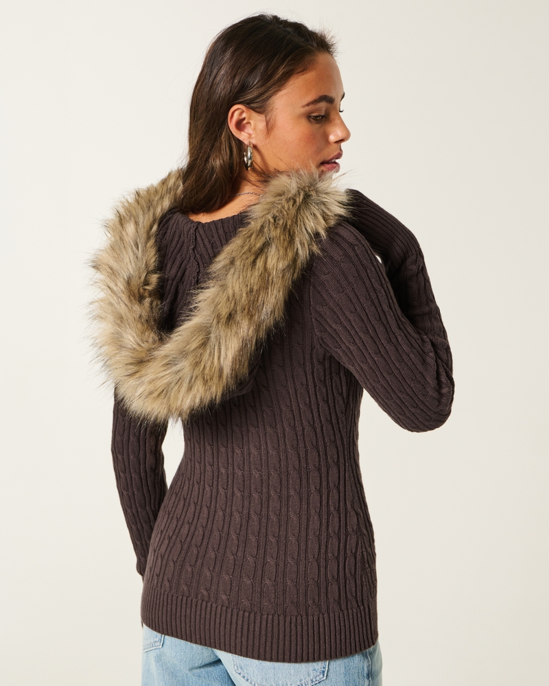 faux fur trim hooded cable knit sweater