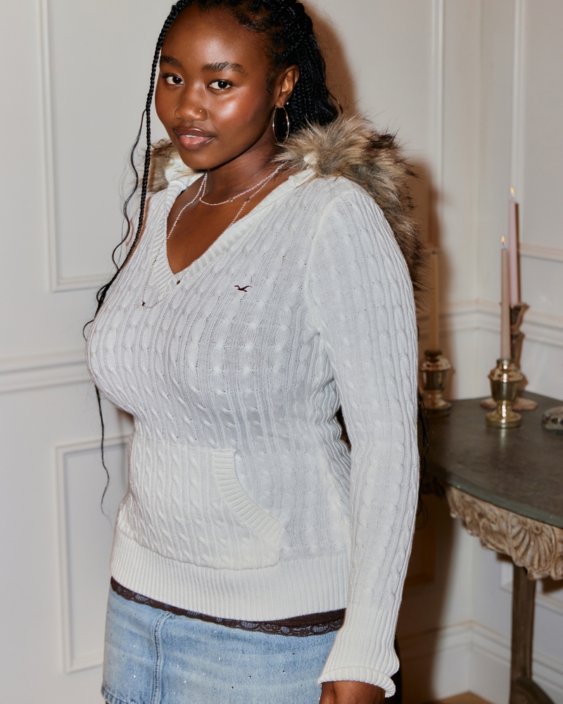 faux fur trim hooded cable knit sweater