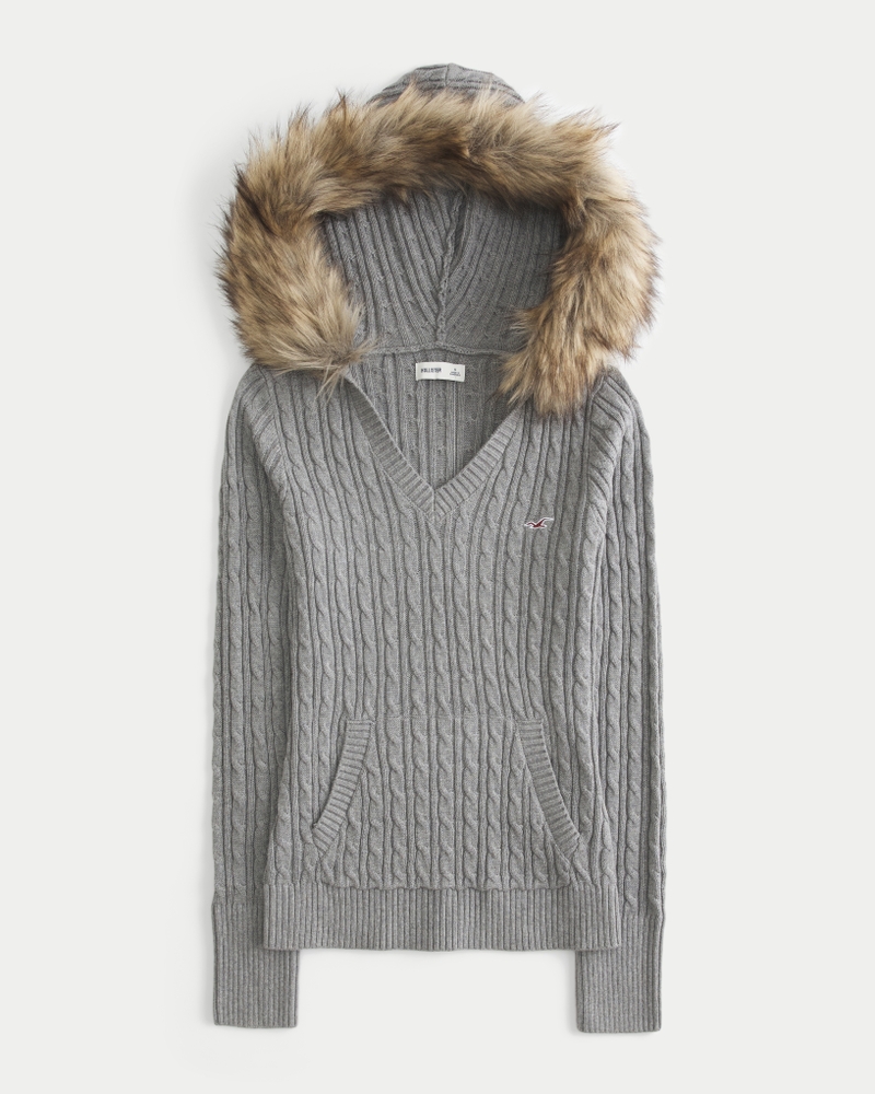 faux fur trim hooded cable knit sweater