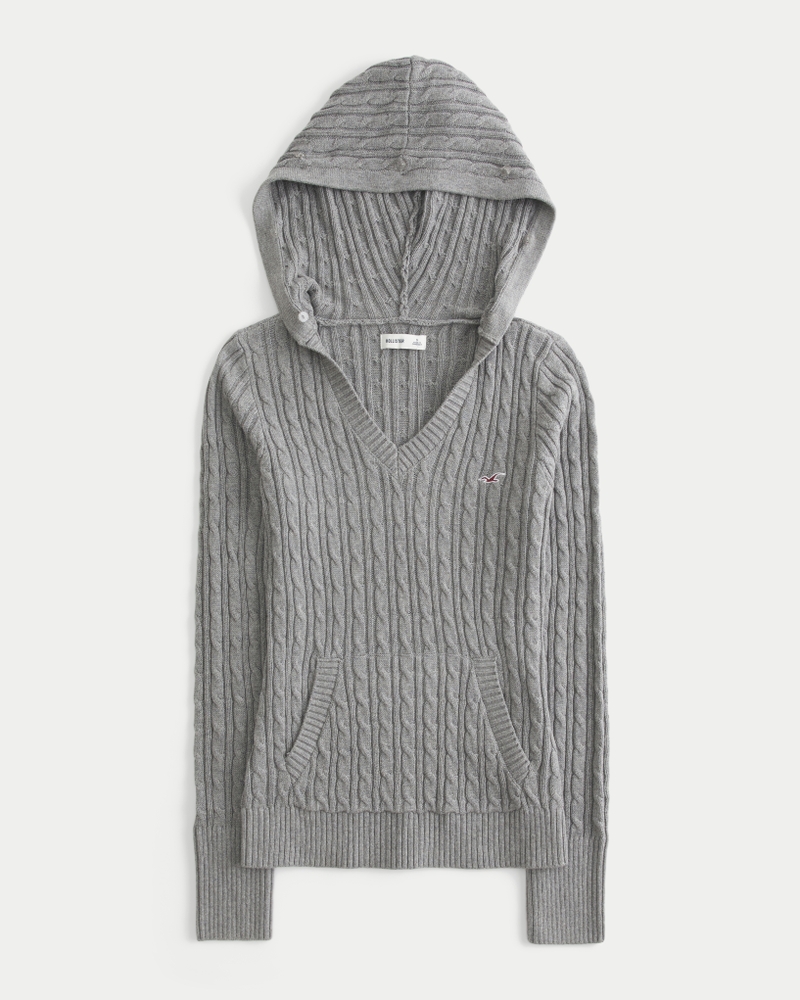 faux fur trim hooded cable knit sweater