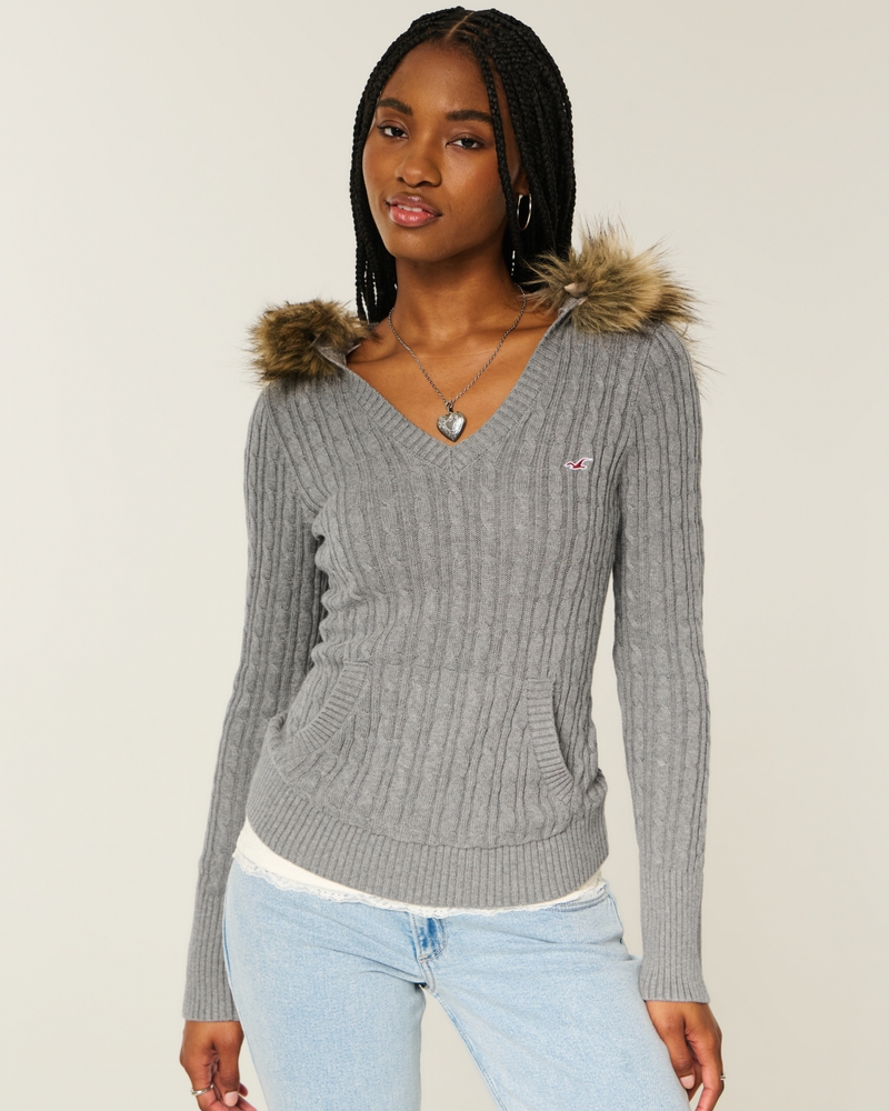 faux fur trim hooded cable knit sweater