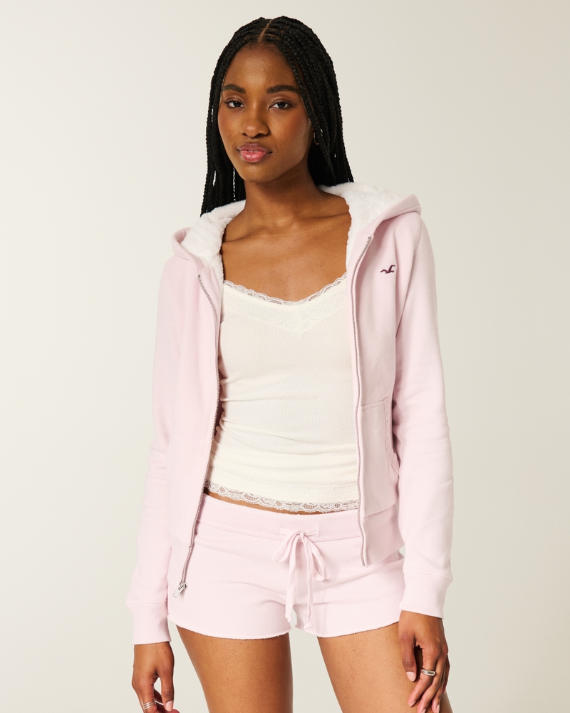 faux fur-lined zip-up hoodie