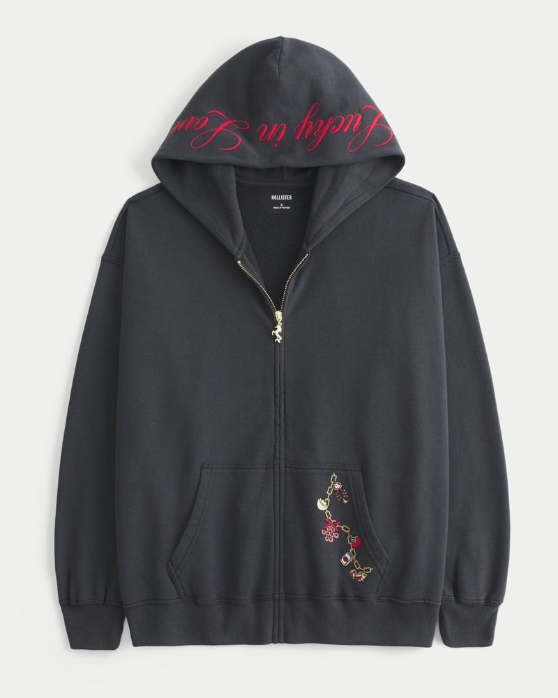 oversized zipper lucky in love pattern hoodie