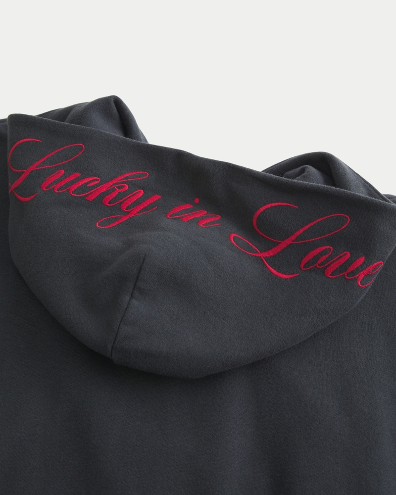 oversized zipper lucky in love pattern hoodie