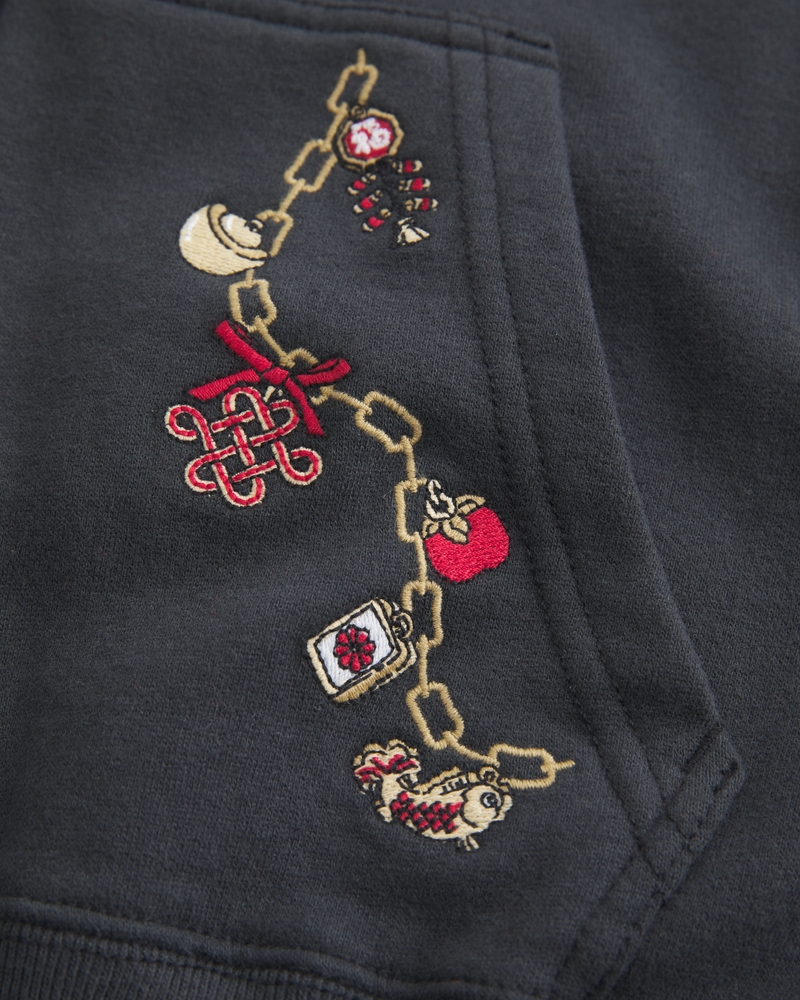 oversized zipper lucky in love pattern hoodie